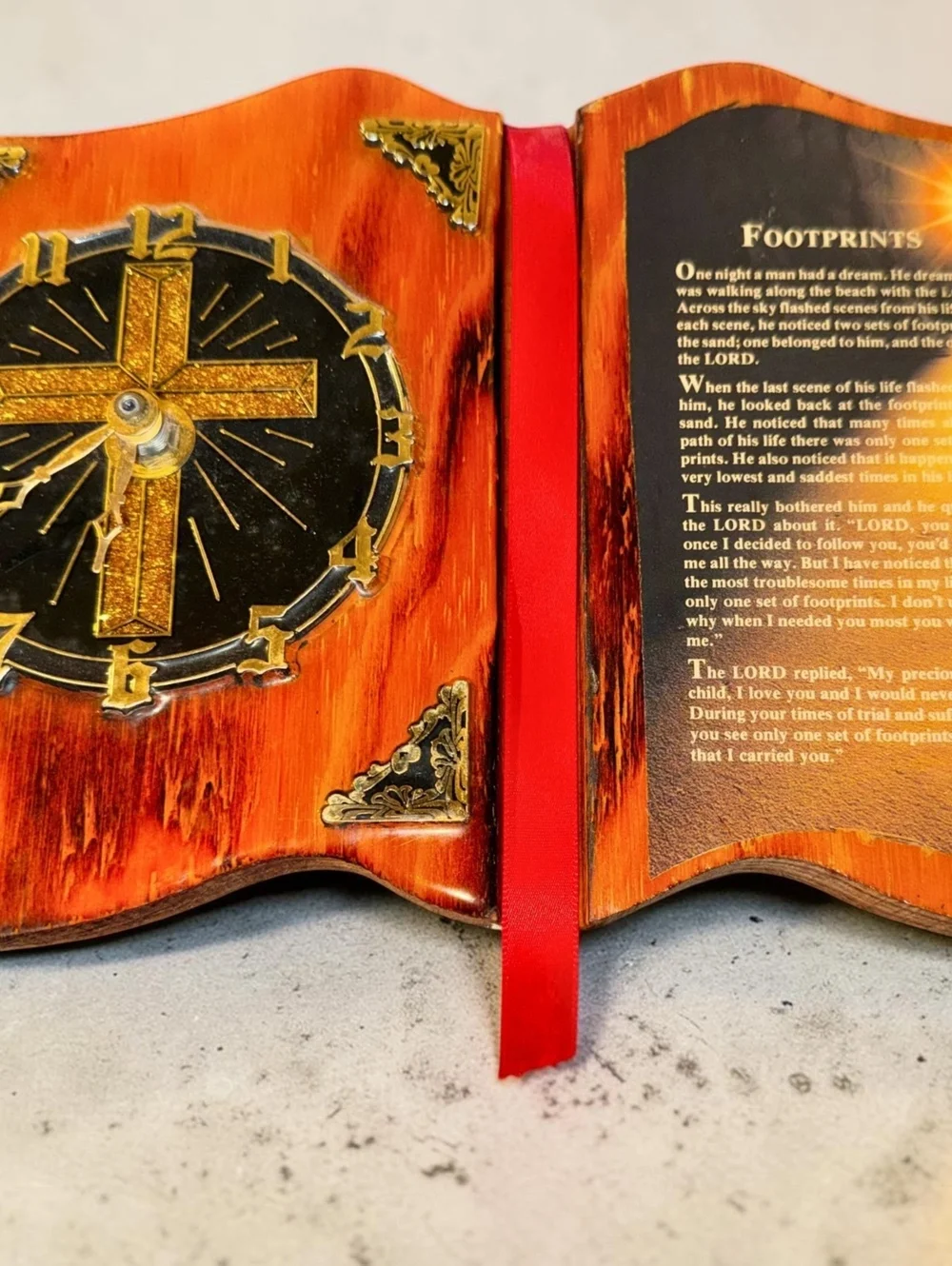 Vintage Footprints Poem Wooden Wall Clock Christian Religious Open Book Cross